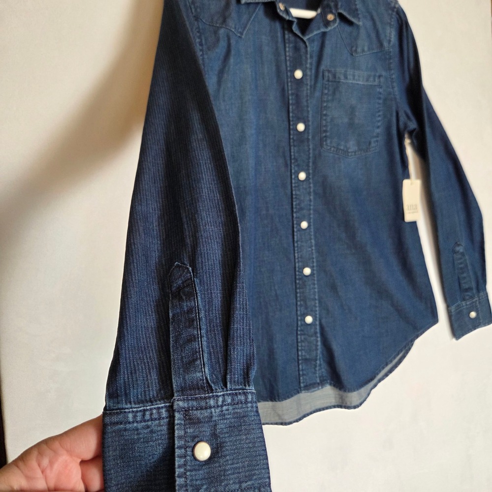 a.n.a Denim Shirt Women Small Dark Wash Western Pearl Snap Organic Cotton NWT